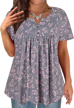 TIYOMI Plus Size Short Sleeve Tops for Women Buttons Up Shirts Summer Dressy Blouses Swing Tunics XL-5XL