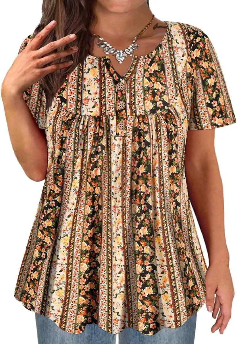 TIYOMI Plus Size Short Sleeve Tops for Women Buttons Up Shirts Summer Dressy Blouses Swing Tunics XL-5XL