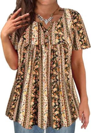 TIYOMI Plus Size Short Sleeve Tops for Women Buttons Up Shirts Summer Dressy Blouses Swing Tunics XL-5XL
