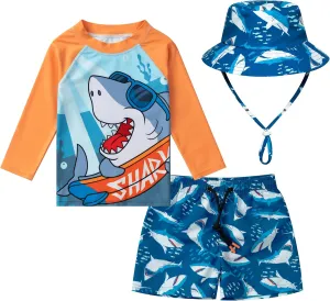 Toddlers Baby Boys' 3-Piece Swimsuit Trunk Rashguard Set and Sun Hat Swimwear Bathing Suit UPF 50 