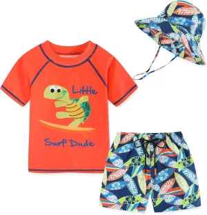 Toddlers Baby Boys' 3-Piece Swimsuit Trunk Rashguard Set and Sun Hat Swimwear Bathing Suit UPF 50 