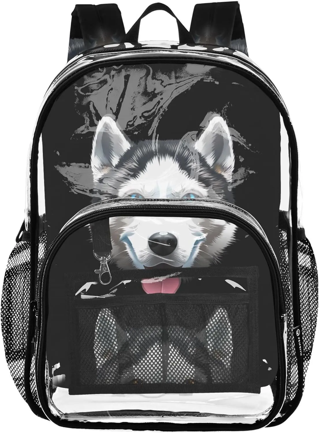 Travel Clear Backpack Floral Kids Girls Backpack Boys Approved Plastic Bag Large Siberian Husky Dog Black