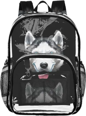 Travel Clear Backpack Floral Kids Girls Backpack Boys Approved Plastic Bag Large Siberian Husky Dog Black