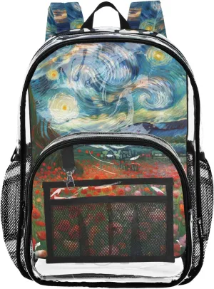 Travel Clear Bags for Women Kids Backpack for Girls Approved Plastic Bag Large Poppies Blossom Starry Night
