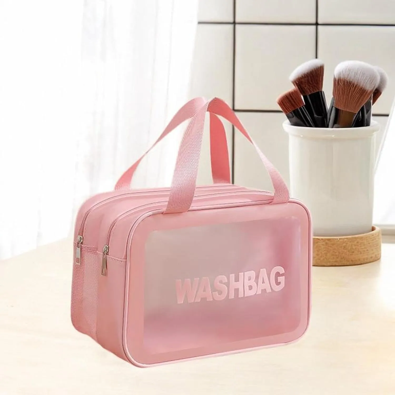Travel Toiletry Bag, Makeup Storage Bag, Make Up Bag, Cosmetic Bag for Camping, Business Trip, Pink L