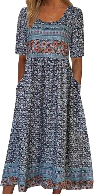 Tshirt Dress for Women 2024 Casual Plus Size Summer Midi Dress Boho Floral Print Loose Flowy Long Dresses with Pockets