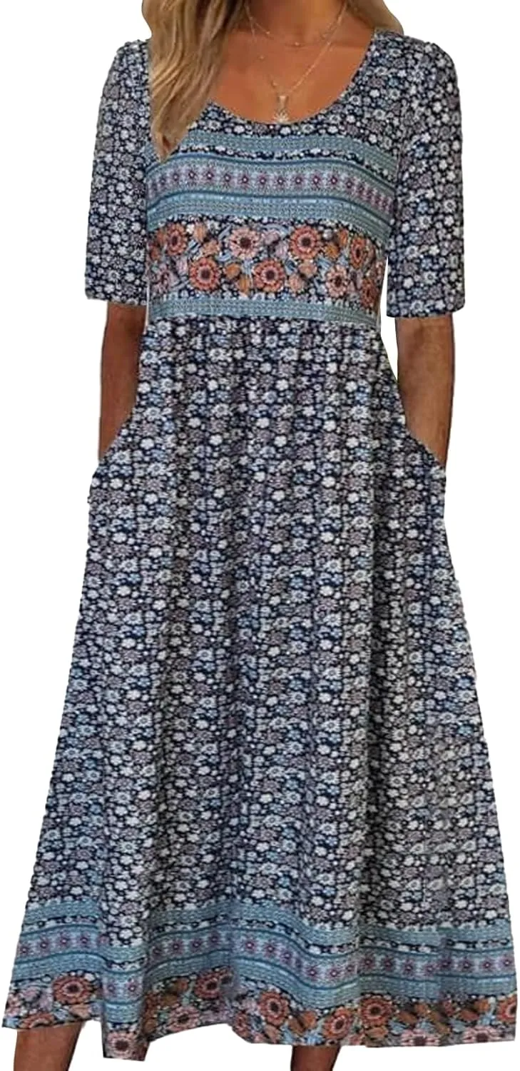 Tshirt Dress for Women 2024 Casual Plus Size Summer Midi Dress Boho Floral Print Loose Flowy Long Dresses with Pockets