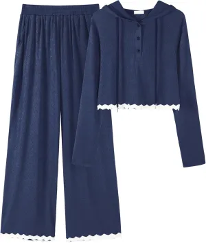 Two Piece Sets for Women Casual Lounge Sets Cropped Half Button Hoodie Top Wide Leg Pants Ribbed Knit Tracksuit