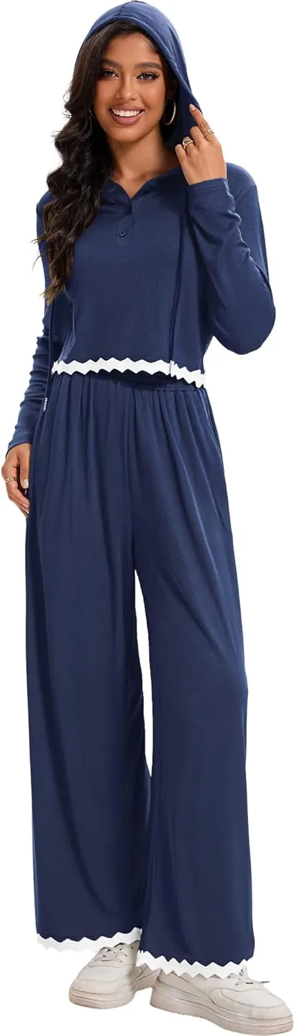 Two Piece Sets for Women Casual Lounge Sets Cropped Half Button Hoodie Top Wide Leg Pants Ribbed Knit Tracksuit