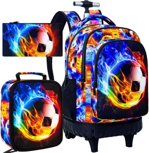 UFNDC 3PCS Boys Rolling Backpack, Men Flames Football Backpacks with WheelsWater-Resistant Travel Roller Wheeled Bookbag