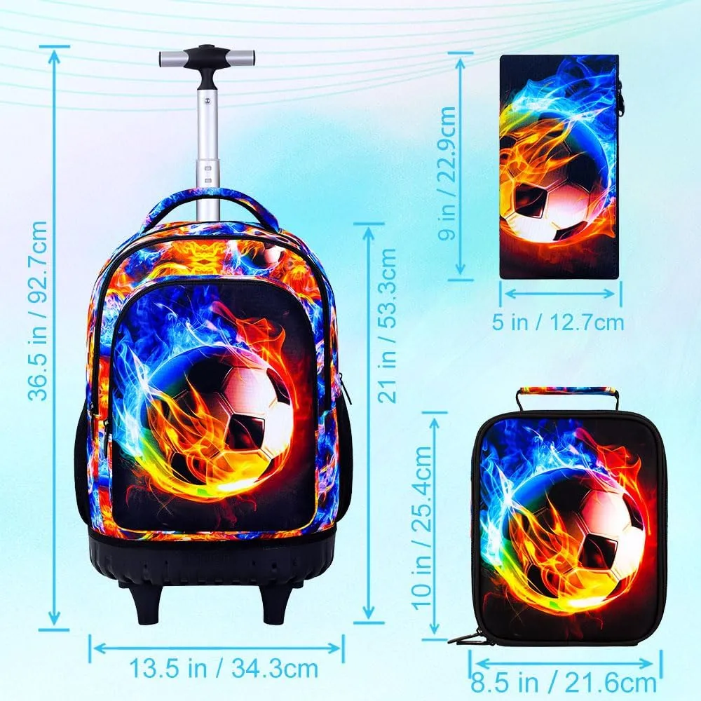UFNDC 3PCS Boys Rolling Backpack, Men Flames Football Backpacks with WheelsWater-Resistant Travel Roller Wheeled Bookbag