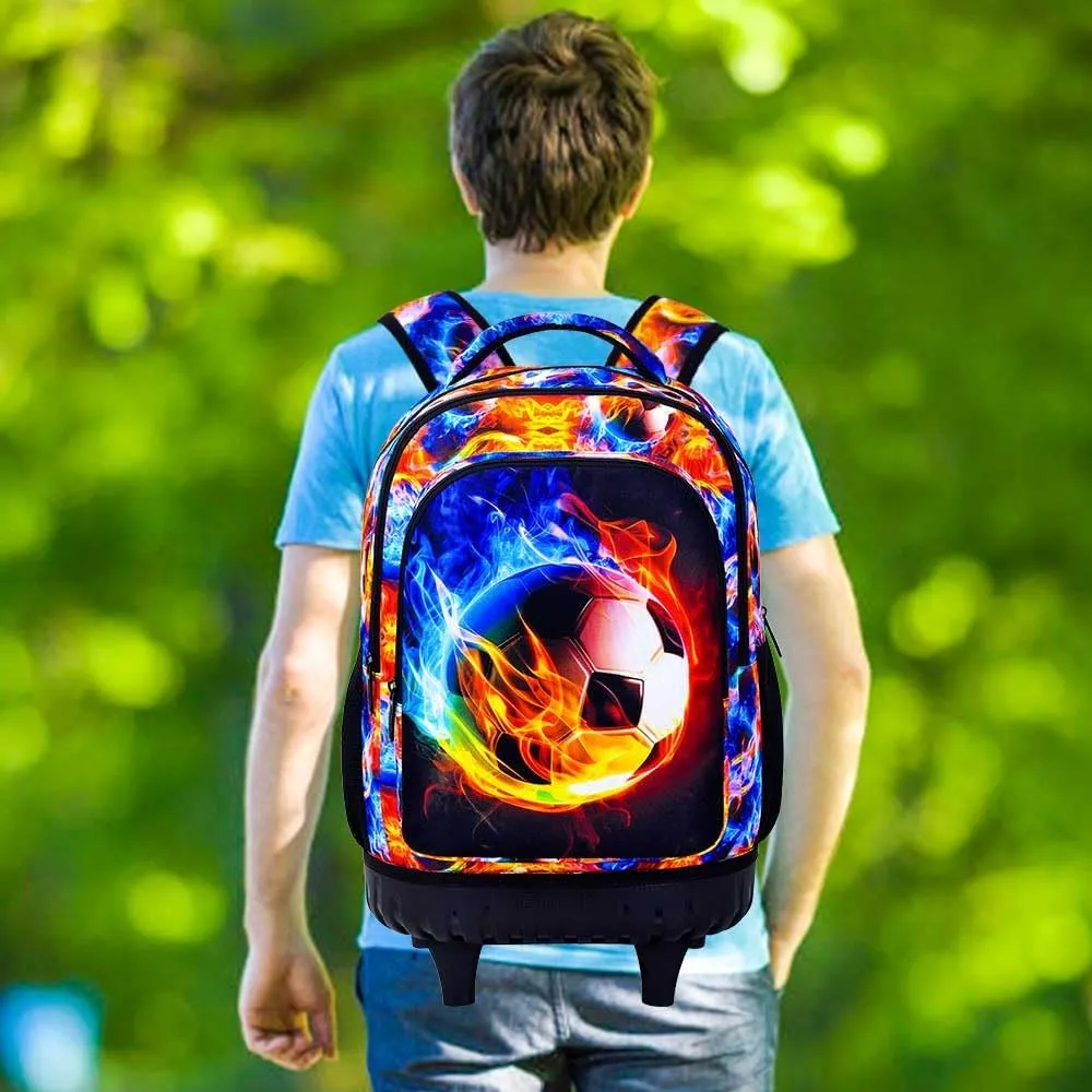 UFNDC 3PCS Boys Rolling Backpack, Men Flames Football Backpacks with WheelsWater-Resistant Travel Roller Wheeled Bookbag