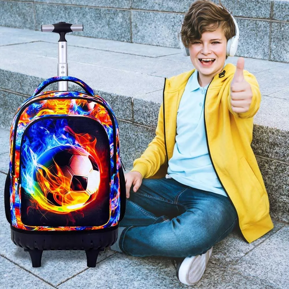 UFNDC 3PCS Boys Rolling Backpack, Men Flames Football Backpacks with WheelsWater-Resistant Travel Roller Wheeled Bookbag