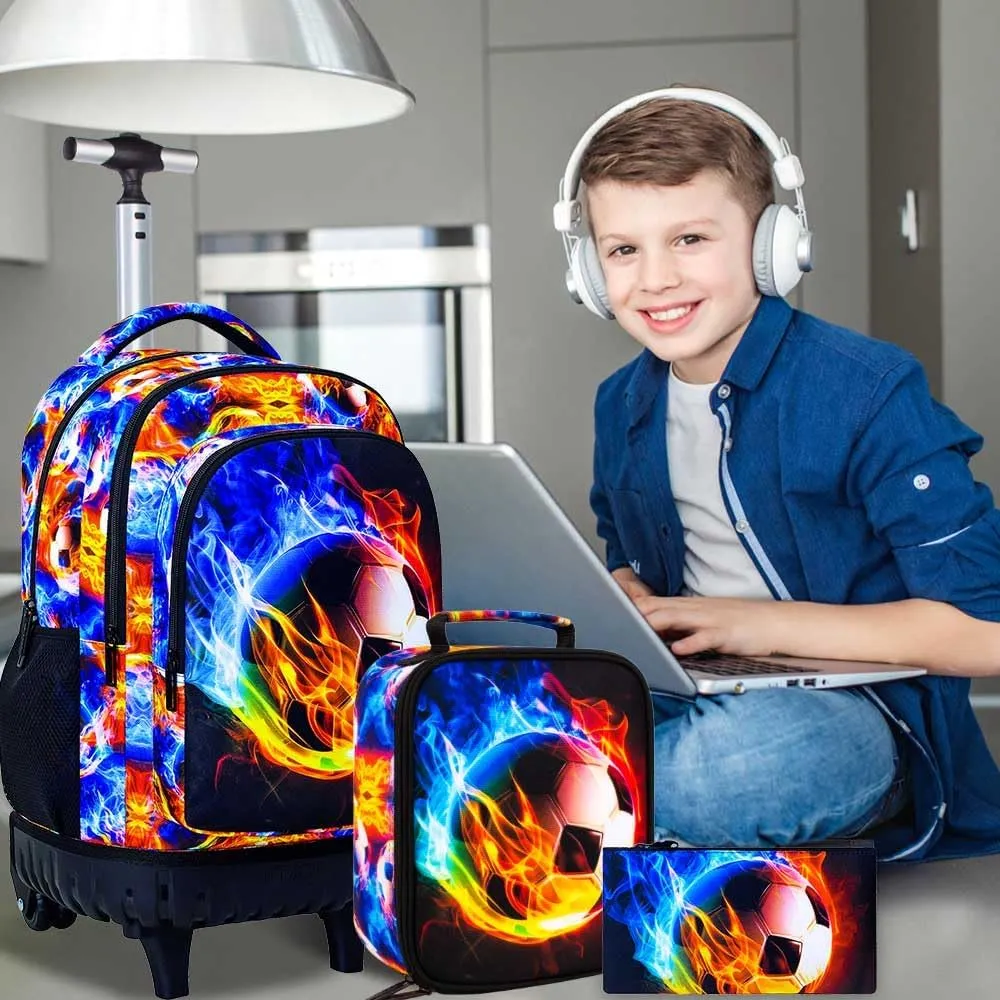 UFNDC 3PCS Boys Rolling Backpack, Men Flames Football Backpacks with WheelsWater-Resistant Travel Roller Wheeled Bookbag