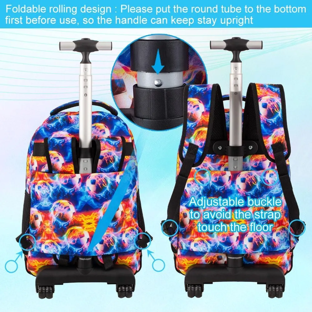UFNDC 3PCS Boys Rolling Backpack, Men Flames Football Backpacks with WheelsWater-Resistant Travel Roller Wheeled Bookbag