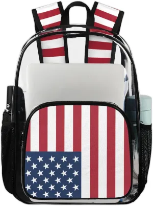 US American Flag Heavy Duty Clear Backpack American Flag US Large See Through Backpacks PVC Transparent Clear Bag for Women Men Security Stadium Work Travel Events Concert