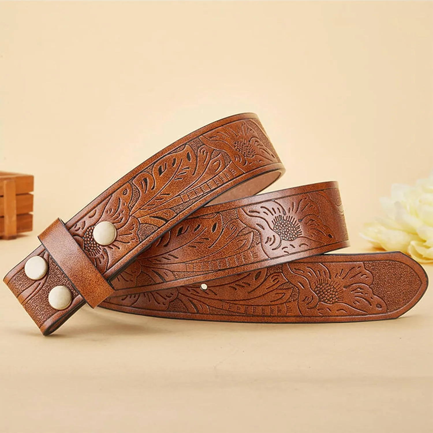 UTOWO Men Women Retro Belt Strap without Buckle 1.5" Wide Classic Western Embossed PU-Leather Belt for Jeans