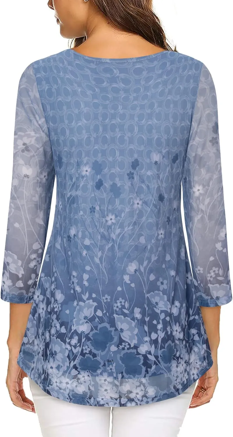 VALOLIA Women's 3/4 Sleeve Tunic Tops Casual Loose Fit Floral Blouses Mesh Pleated Layered Shirt