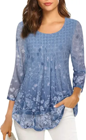 VALOLIA Women's 3/4 Sleeve Tunic Tops Casual Loose Fit Floral Blouses Mesh Pleated Layered Shirt
