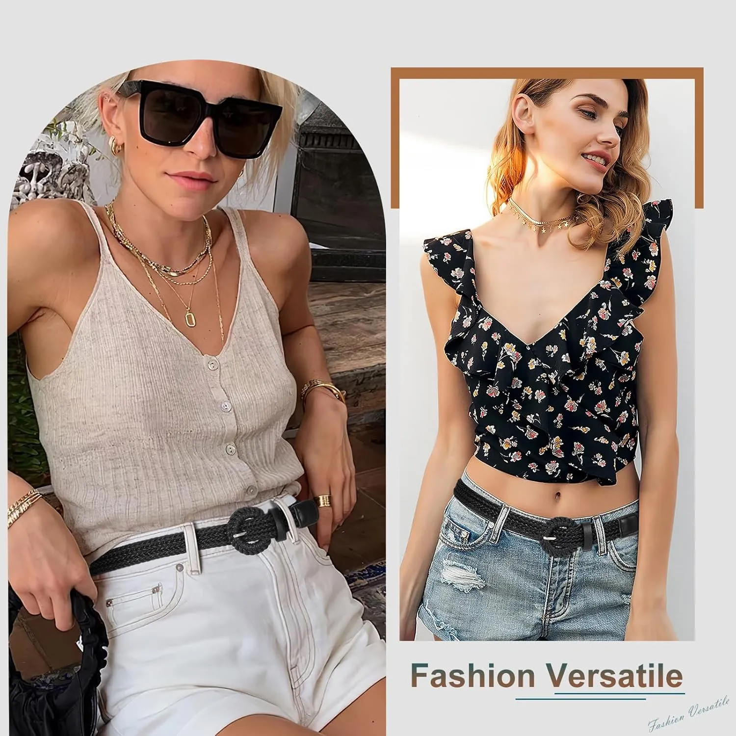 VONMELLI Braided Belt for Women, Woven Rattan Waist for Sunmmer Fashion Dress Jeans Thin Ladies Belts