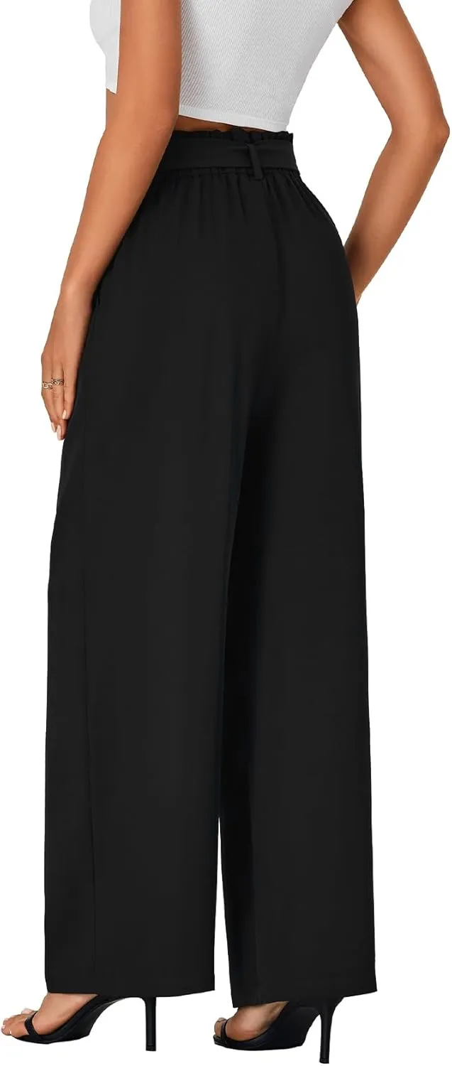 Vrtige Women's Casual Tie Knot High Waist Wide Leg Long Pants Trousers with Pocket
