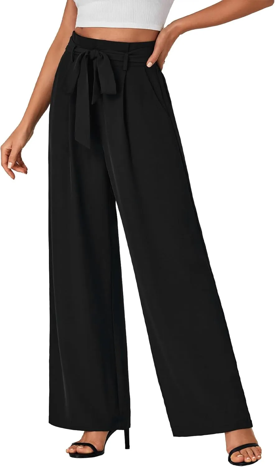 Vrtige Women's Casual Tie Knot High Waist Wide Leg Long Pants Trousers with Pocket