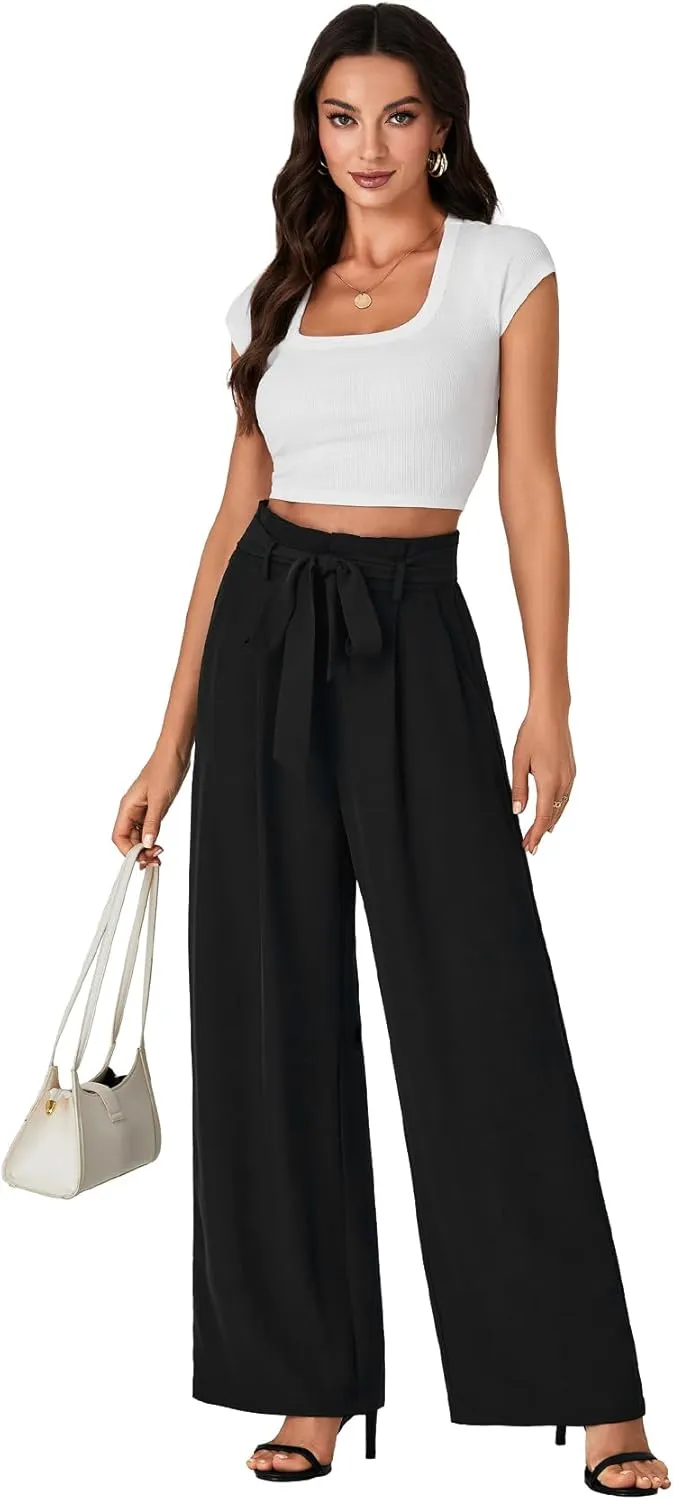 Vrtige Women's Casual Tie Knot High Waist Wide Leg Long Pants Trousers with Pocket