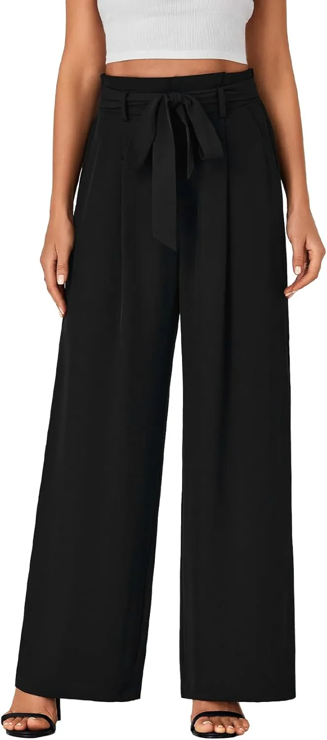 Vrtige Women's Casual Tie Knot High Waist Wide Leg Long Pants Trousers with Pocket