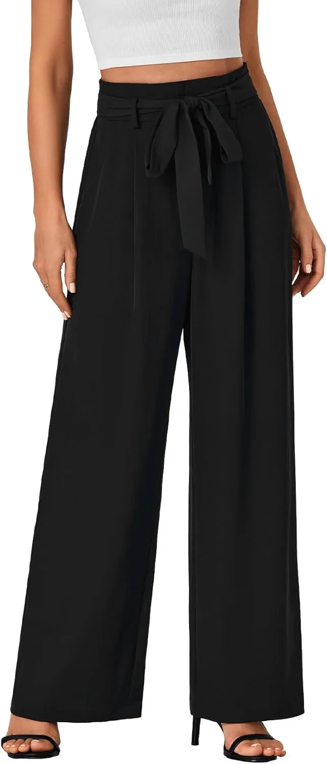 Vrtige Women's Casual Tie Knot High Waist Wide Leg Long Pants Trousers with Pocket