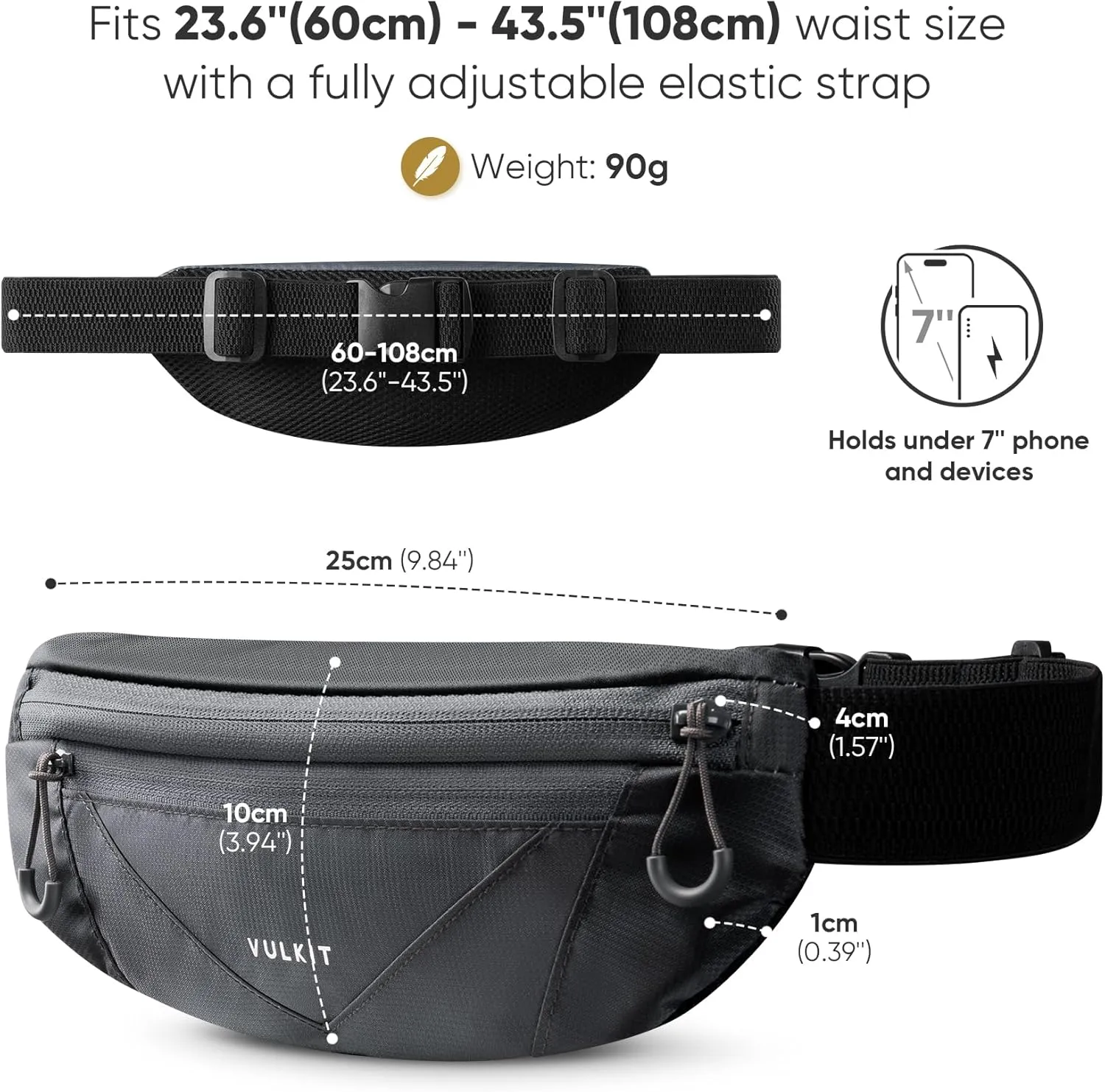 VULKIT Casual Lightweight Fanny Pack for Women & Men, Outdoor Belt Bag to Free Your Hands, Nylon Waterproof Waist Bag with Adjustable Elastic Band, Small Slim Fit Fashion Waist Pack, Grey