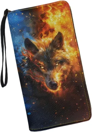 Wallet for Cool Wolf Pattern Travel Business Shopping Money Clips Handbag Purse Zipper Clutch Bag with Wristlet Strap