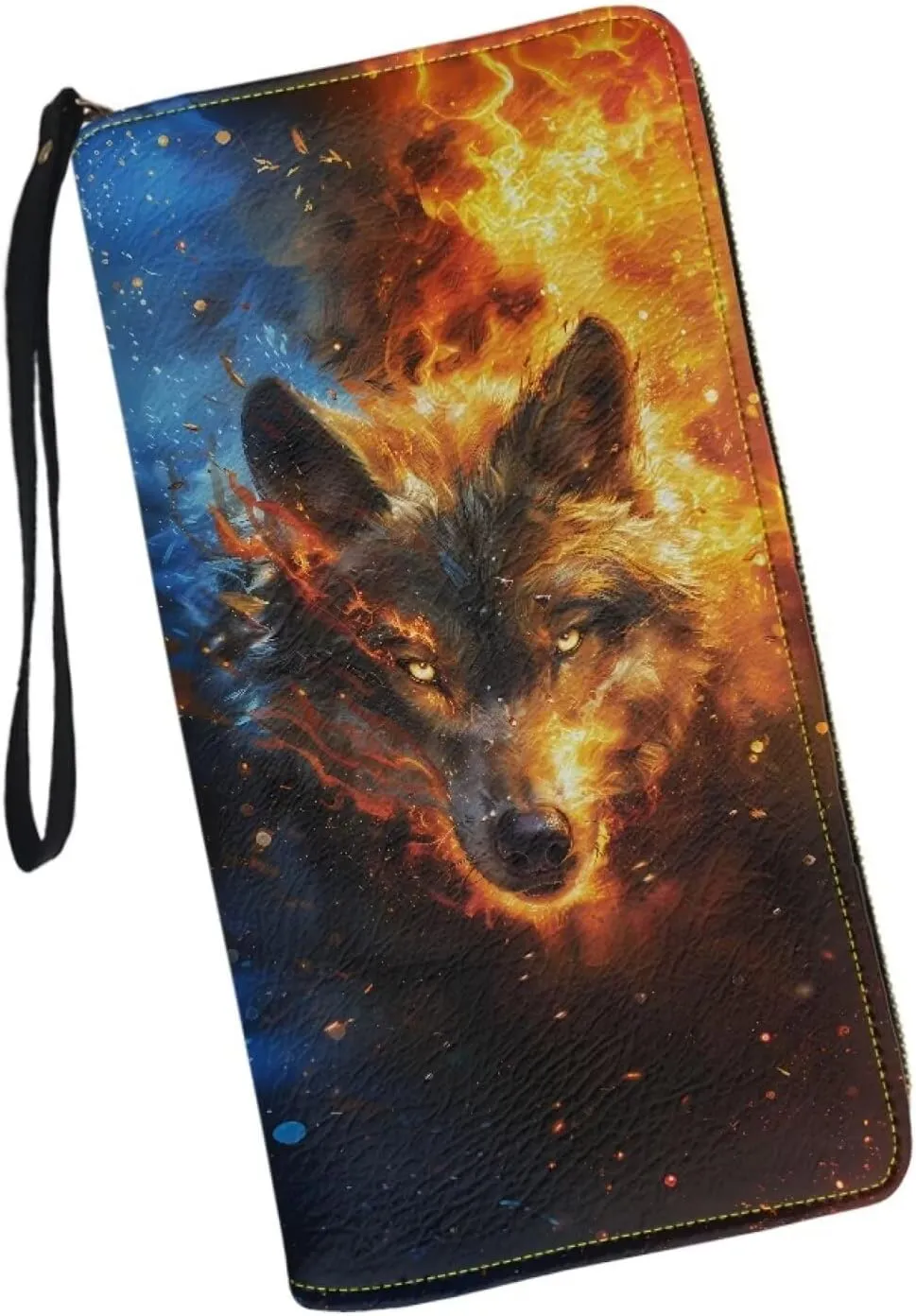 Wallet for Cool Wolf Pattern Travel Business Shopping Money Clips Handbag Purse Zipper Clutch Bag with Wristlet Strap