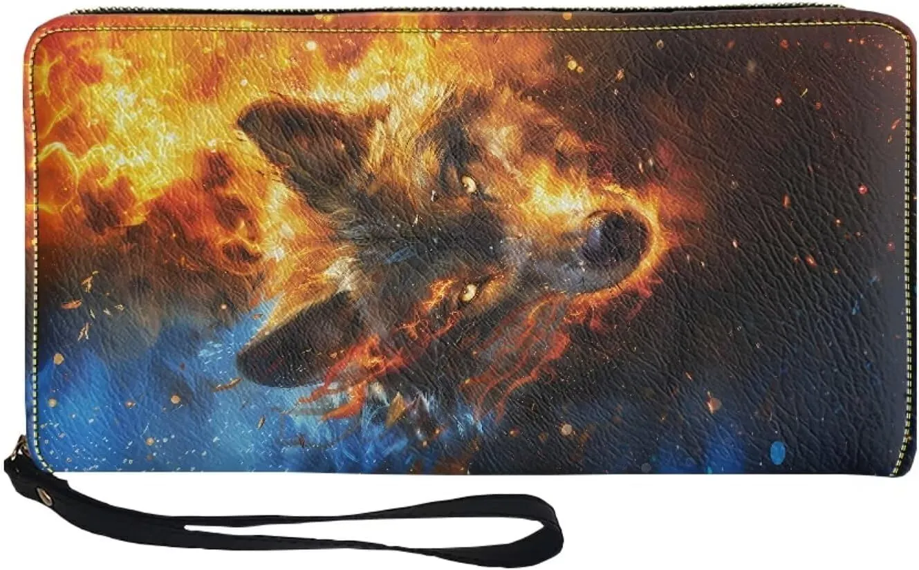 Wallet for Cool Wolf Pattern Travel Business Shopping Money Clips Handbag Purse Zipper Clutch Bag with Wristlet Strap