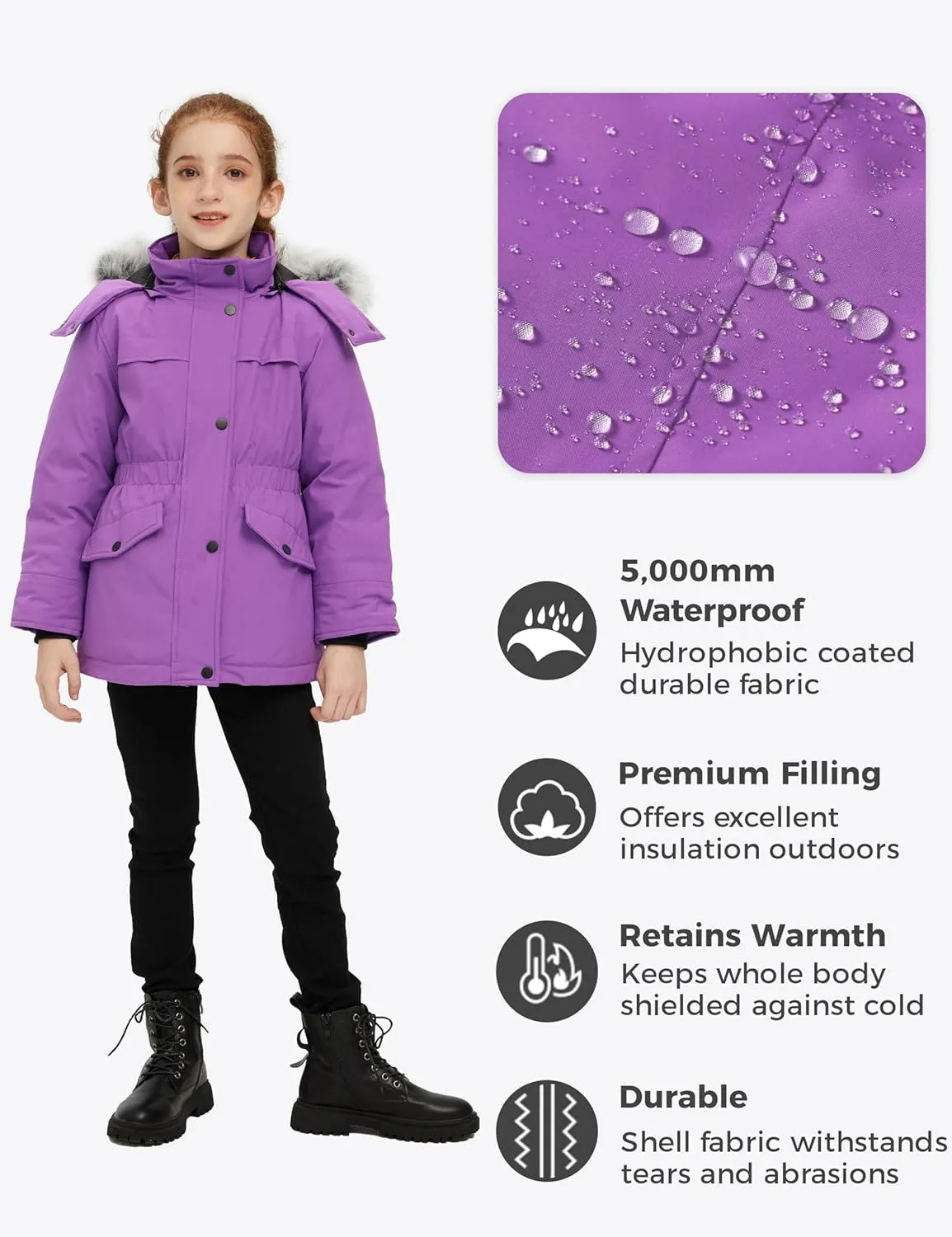 wantdo Girl's Winter Coat Waterproof Puffer Jacket Warm Hooded Parka