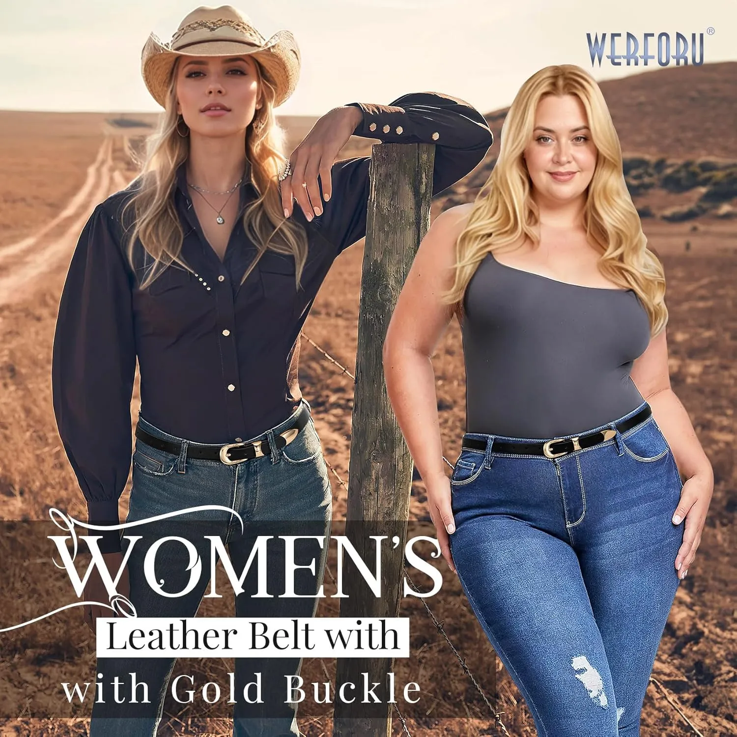 WERFORU Women Belt for Jeans Pants Thin Belts for Women Fashion Skinny Belt Black and Gold 0.71" Width