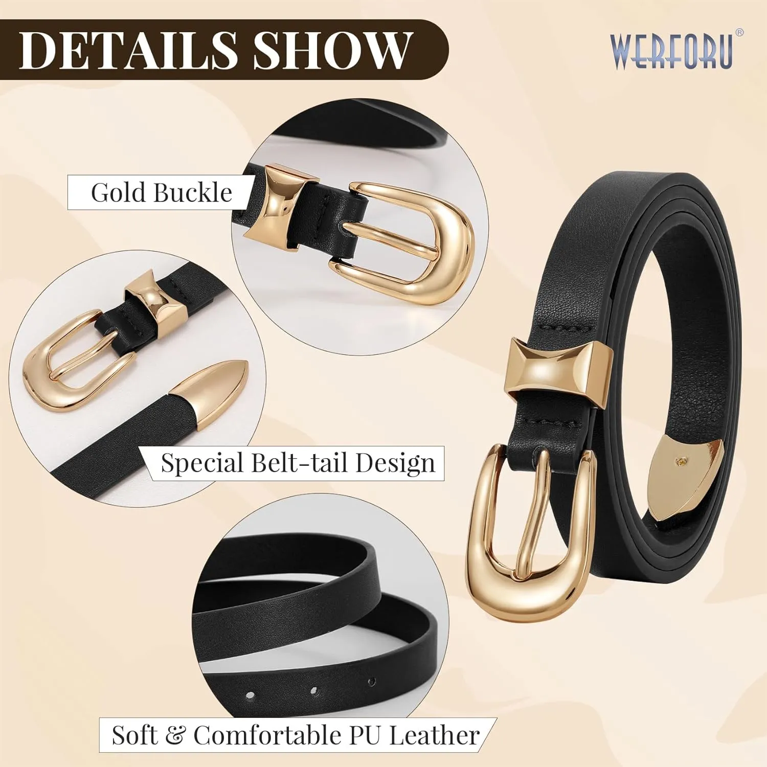 WERFORU Women Belt for Jeans Pants Thin Belts for Women Fashion Skinny Belt Black and Gold 0.71" Width