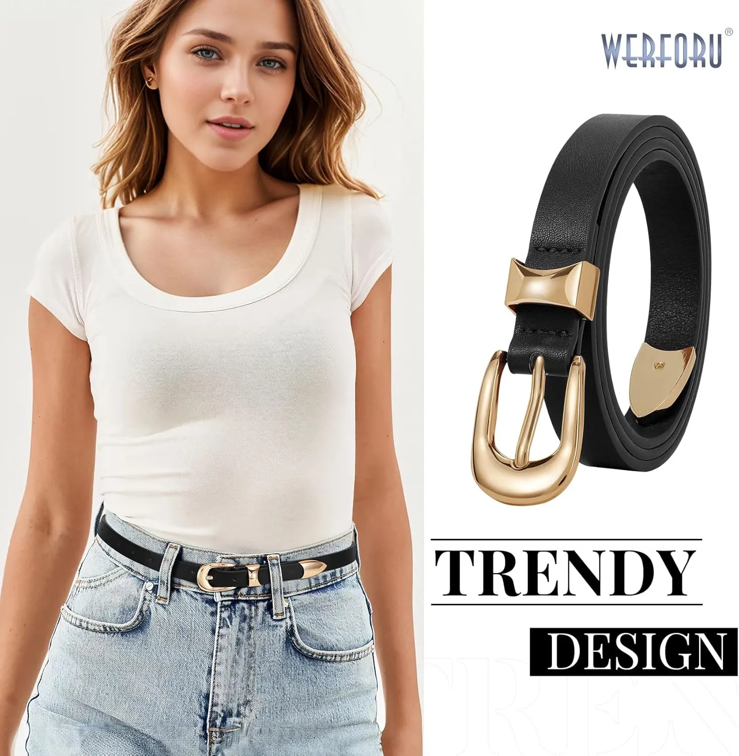 WERFORU Women Belt for Jeans Pants Thin Belts for Women Fashion Skinny Belt Black and Gold 0.71" Width
