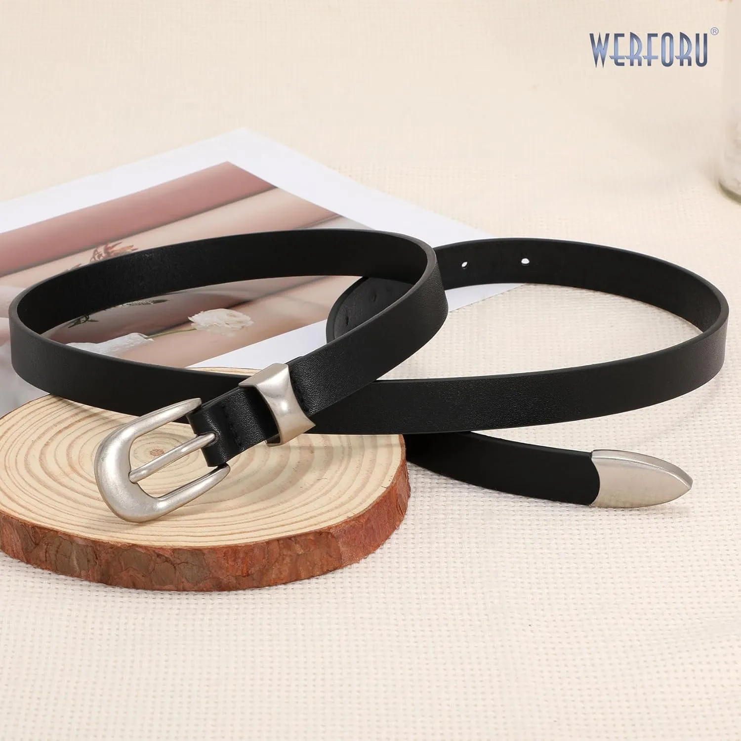 WERFORU Women Belt for Jeans Pants Thin Belts for Women Fashion Skinny Belt Black and Gold 0.71" Width