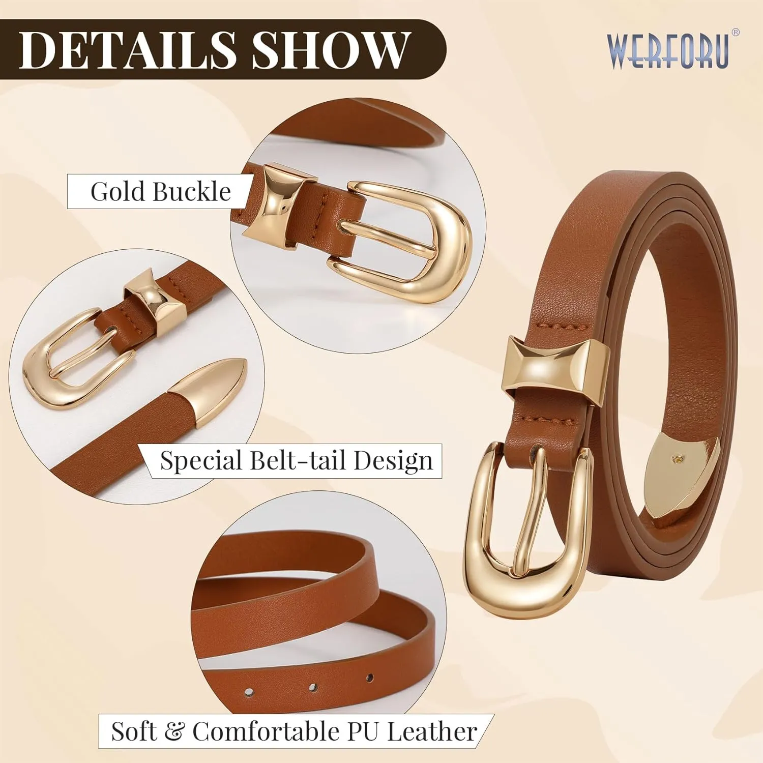 WERFORU Women Belt for Jeans Pants Thin Belts for Women Fashion Skinny Belt Black and Gold 0.71" Width