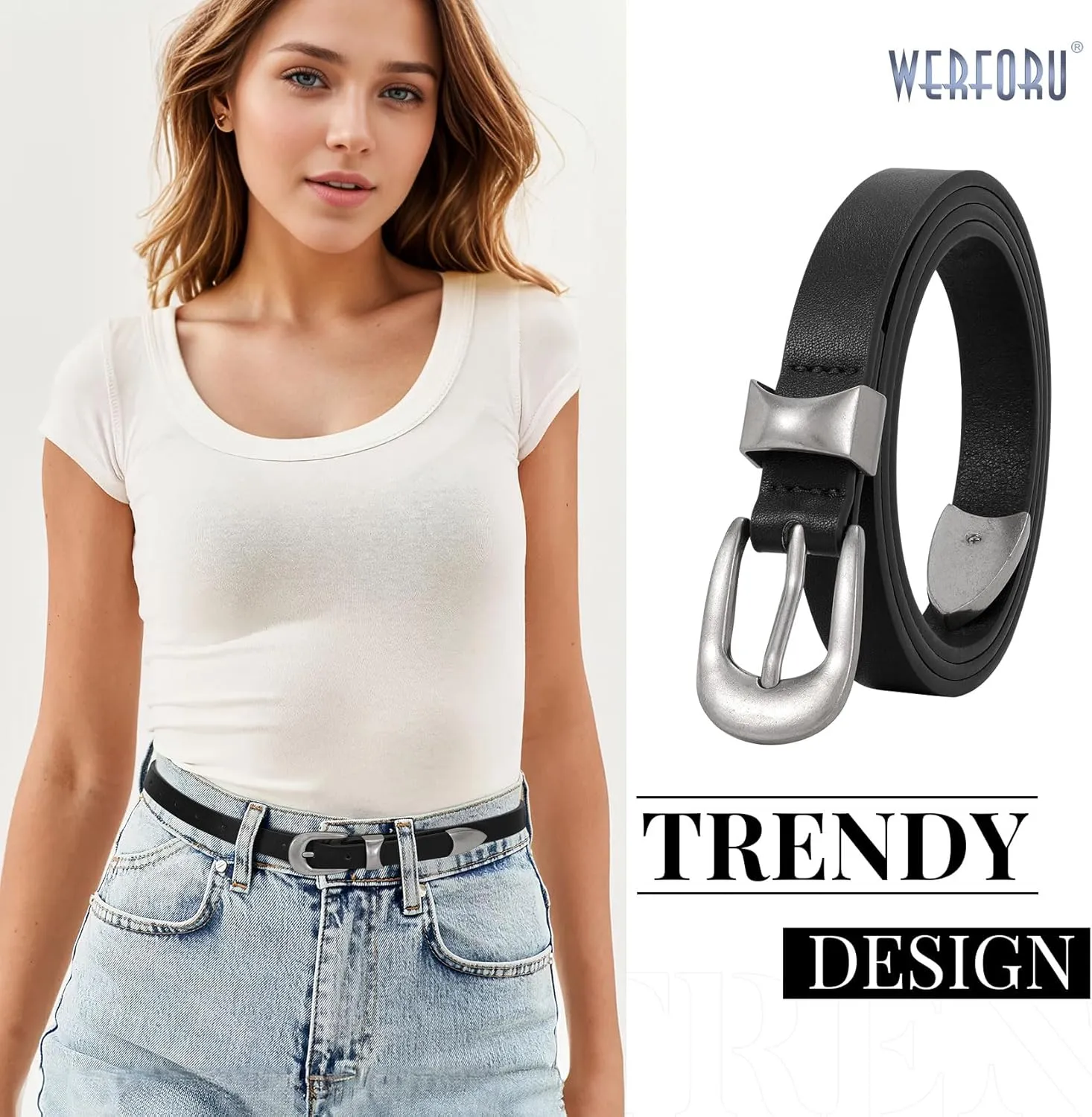 WERFORU Women Belt for Jeans Pants Thin Belts for Women Fashion Skinny Belt Black and Gold 0.71" Width