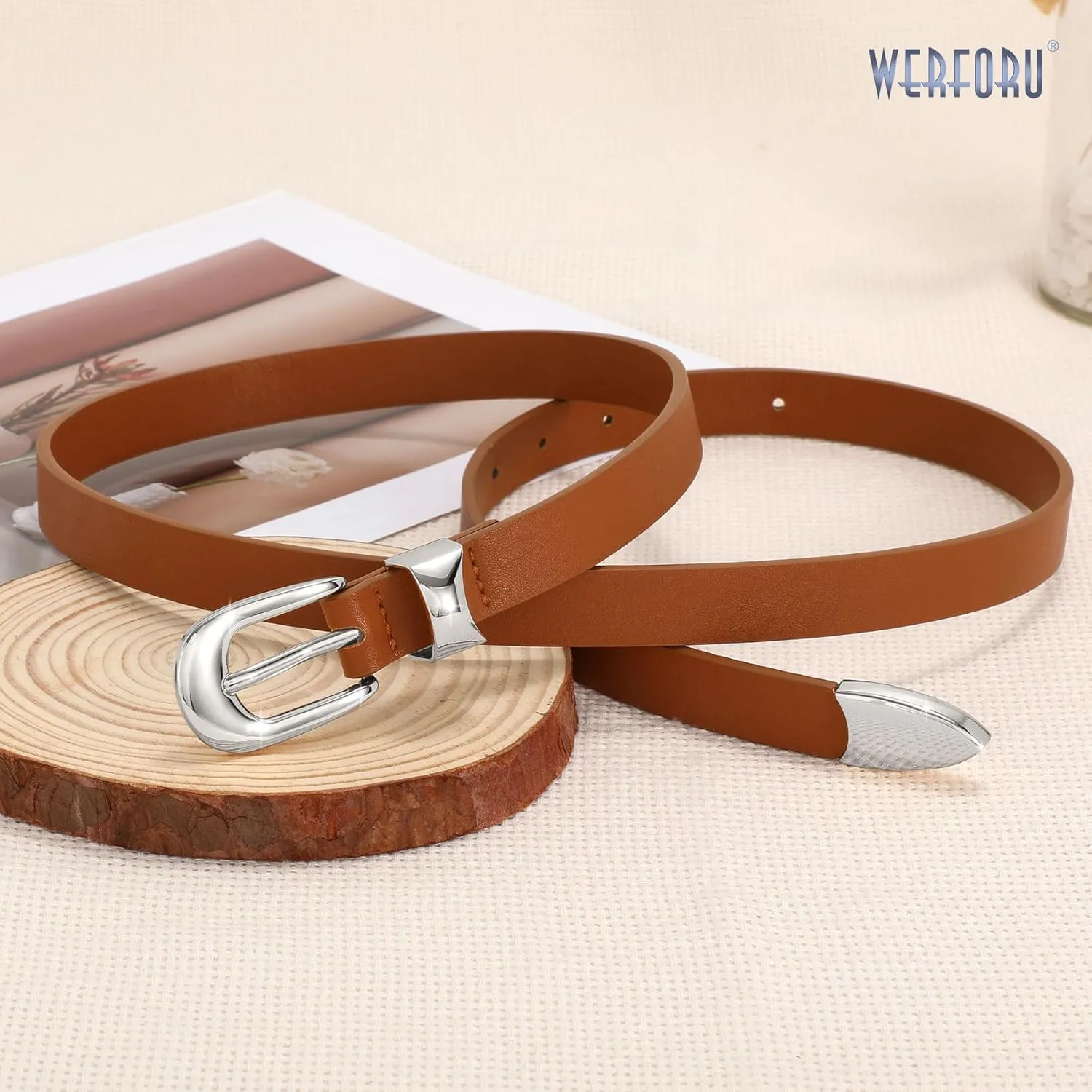WERFORU Women Belt for Jeans Pants Thin Belts for Women Fashion Skinny Belt Black and Gold 0.71" Width