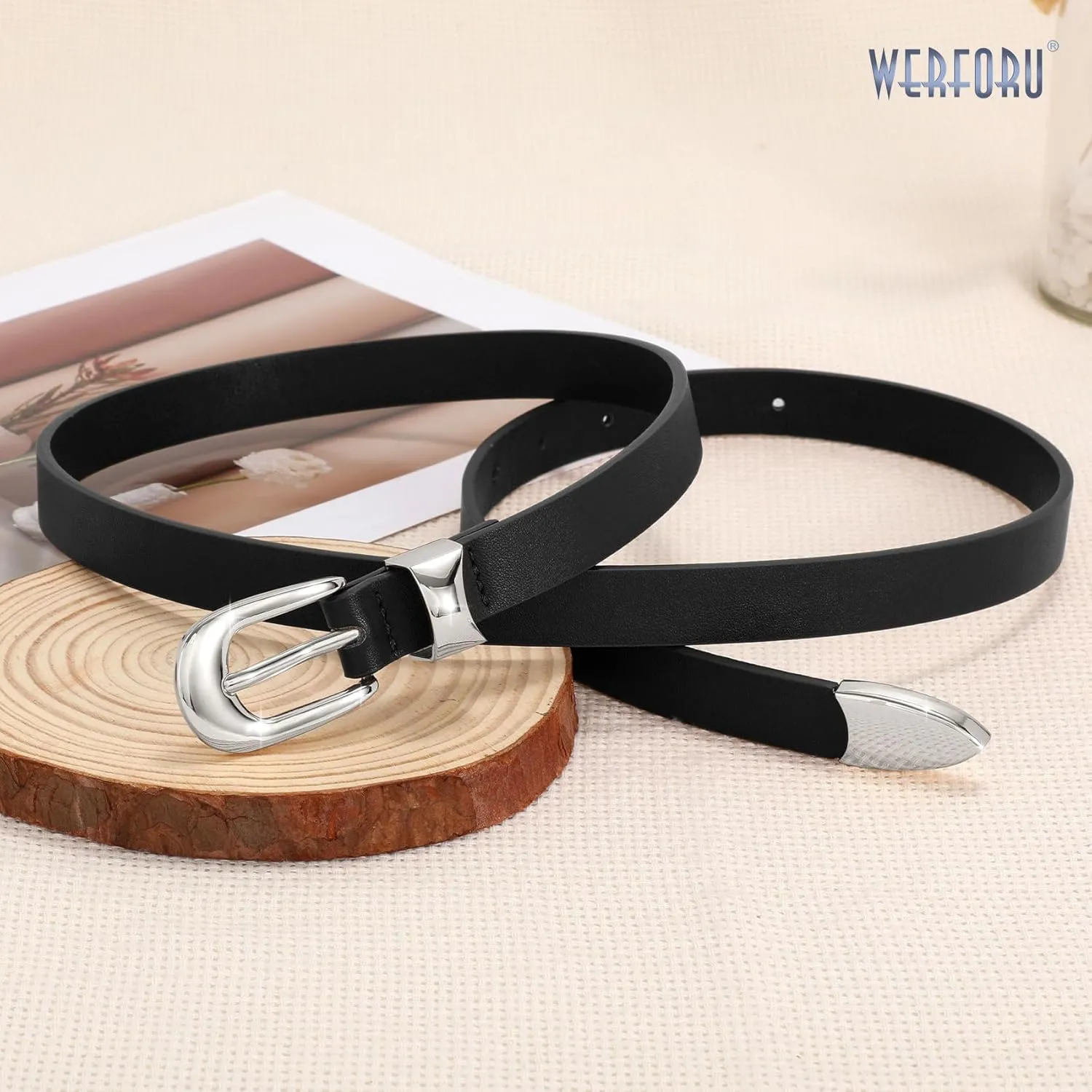 WERFORU Women Belt for Jeans Pants Thin Belts for Women Fashion Skinny Belt Black and Gold 0.71" Width