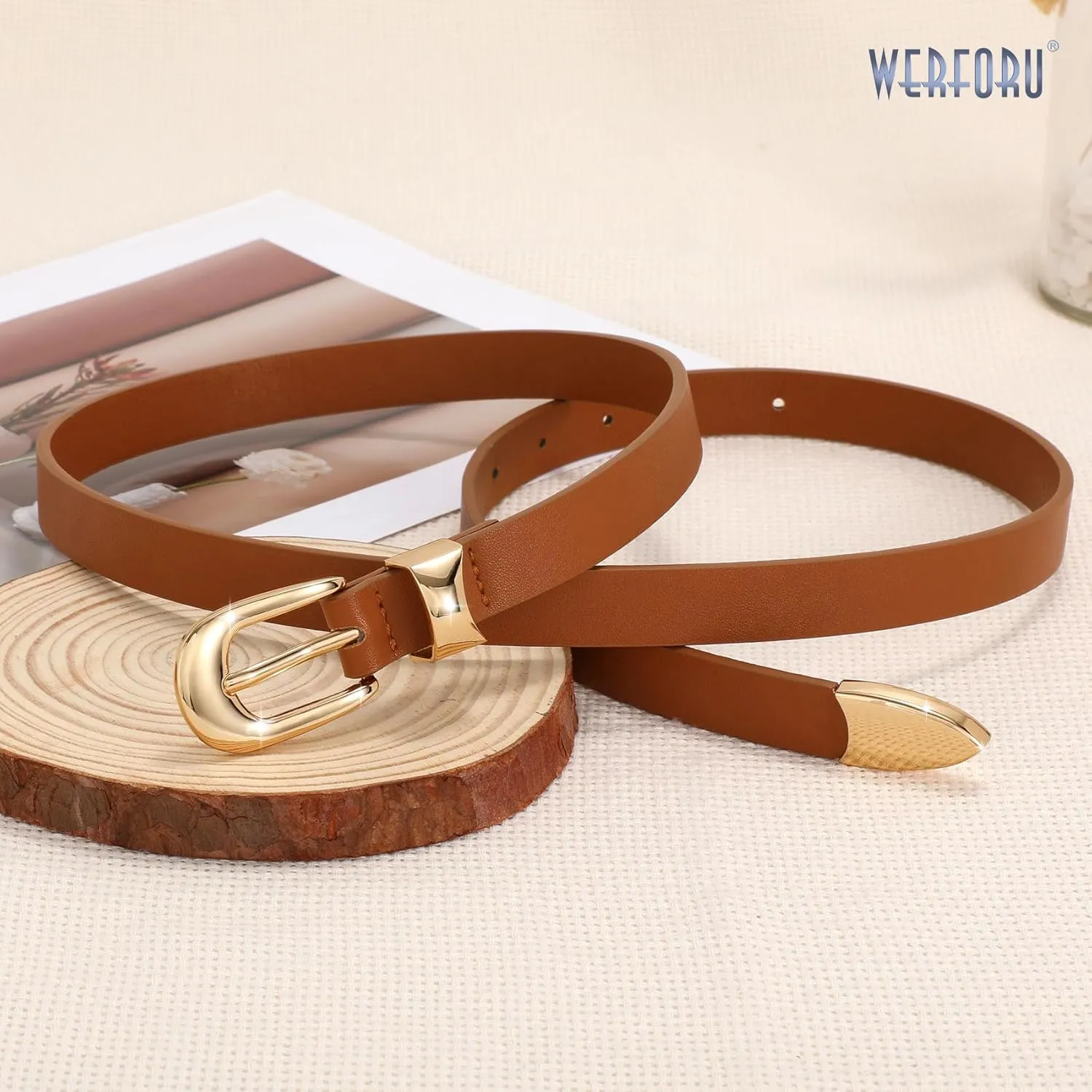 WERFORU Women Belt for Jeans Pants Thin Belts for Women Fashion Skinny Belt Black and Gold 0.71" Width