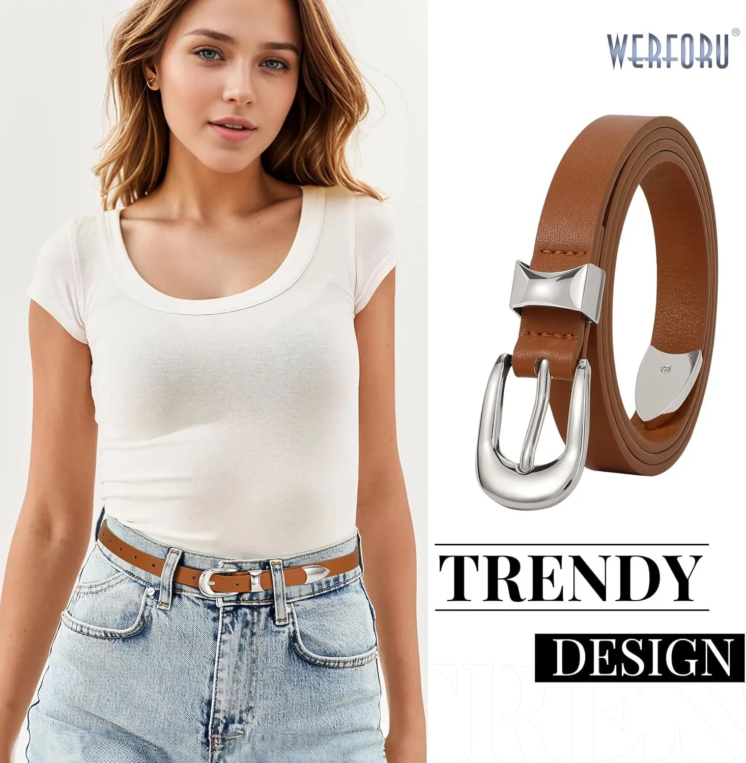 WERFORU Women Belt for Jeans Pants Thin Belts for Women Fashion Skinny Belt Black and Gold 0.71" Width