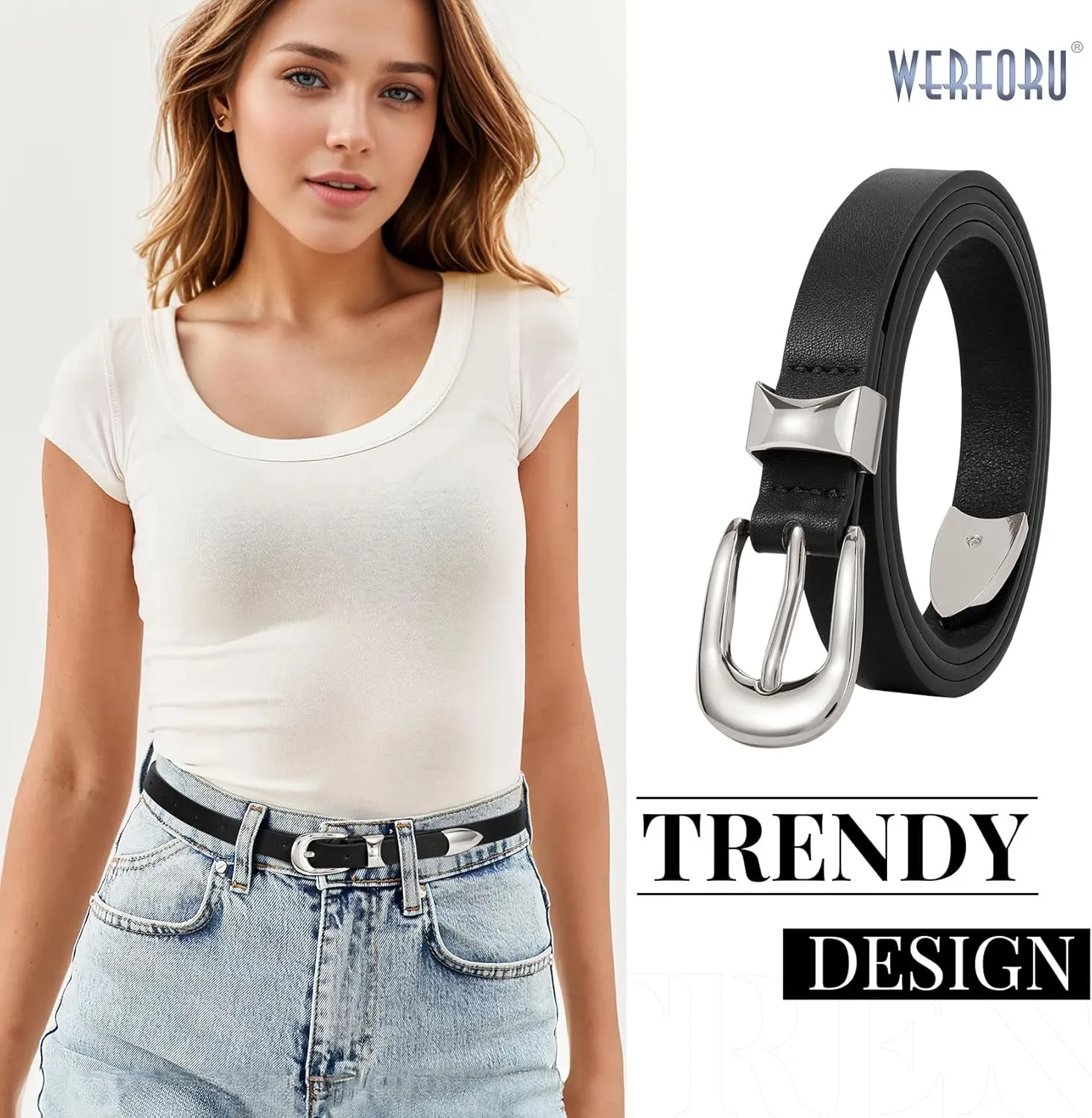 WERFORU Women Belt for Jeans Pants Thin Belts for Women Fashion Skinny Belt Black and Gold 0.71" Width