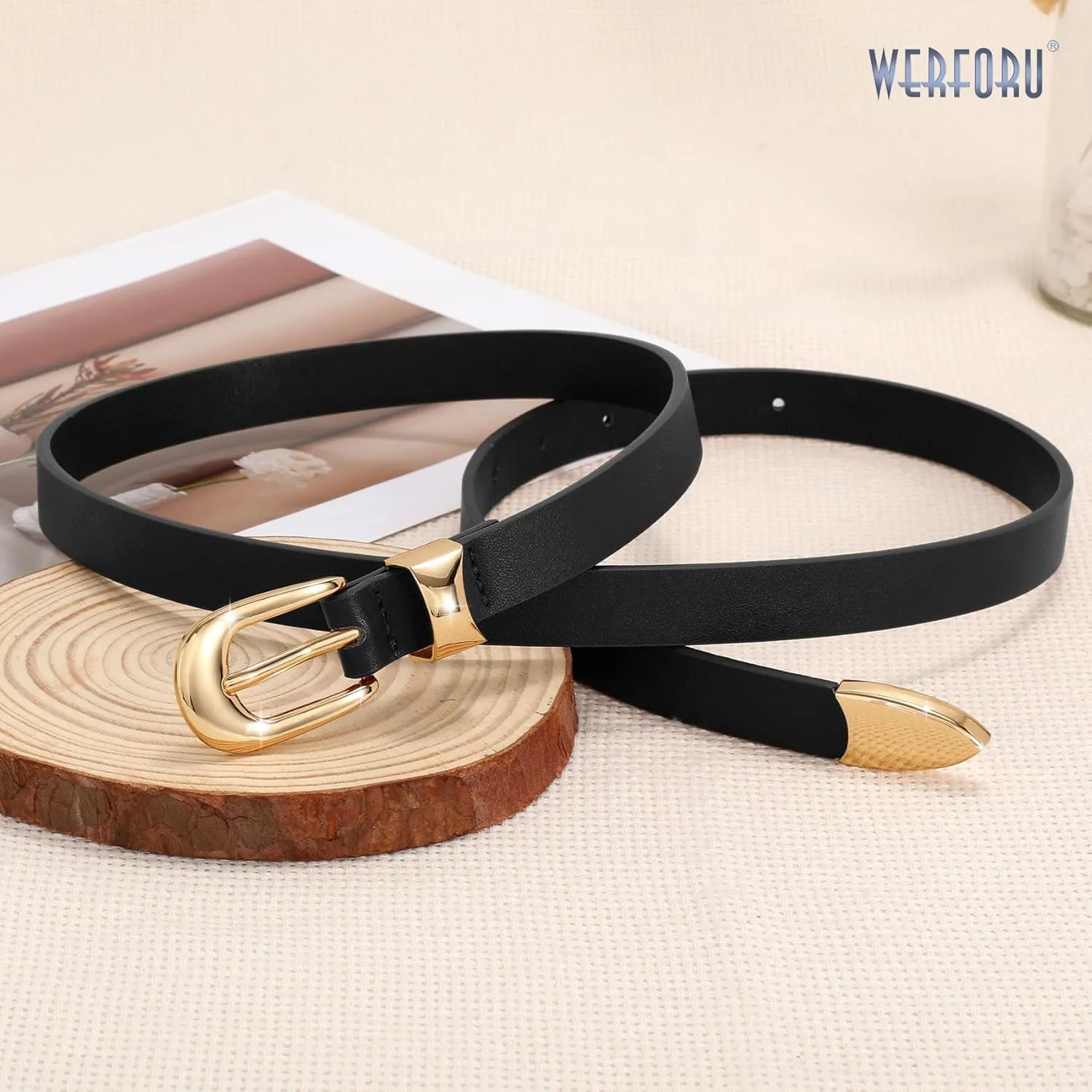 WERFORU Women Belt for Jeans Pants Thin Belts for Women Fashion Skinny Belt Black and Gold 0.71" Width