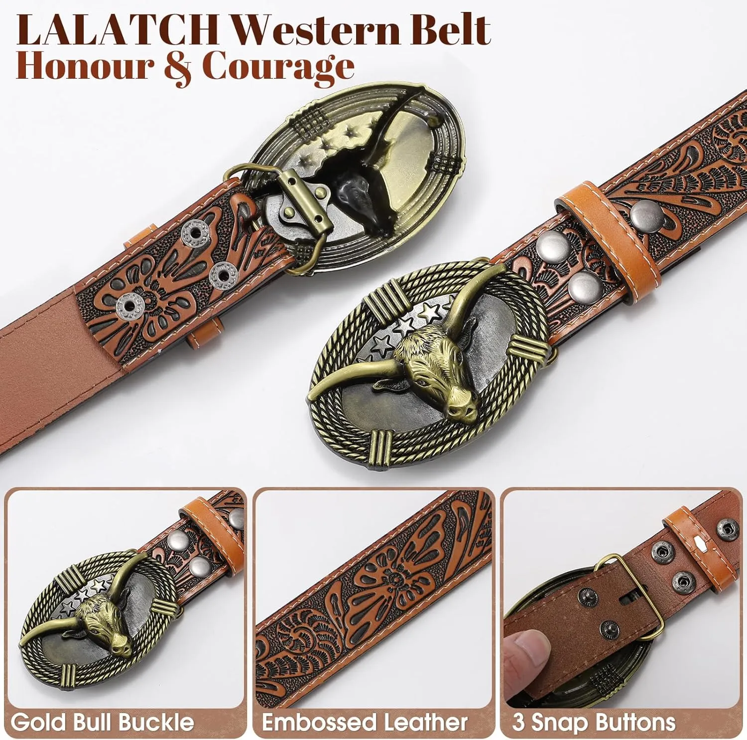 Western Belts for Woman Men, Cowboy Cowgirl Belt Embossed Western Country Bull Buckle Leather Belts for Jeans