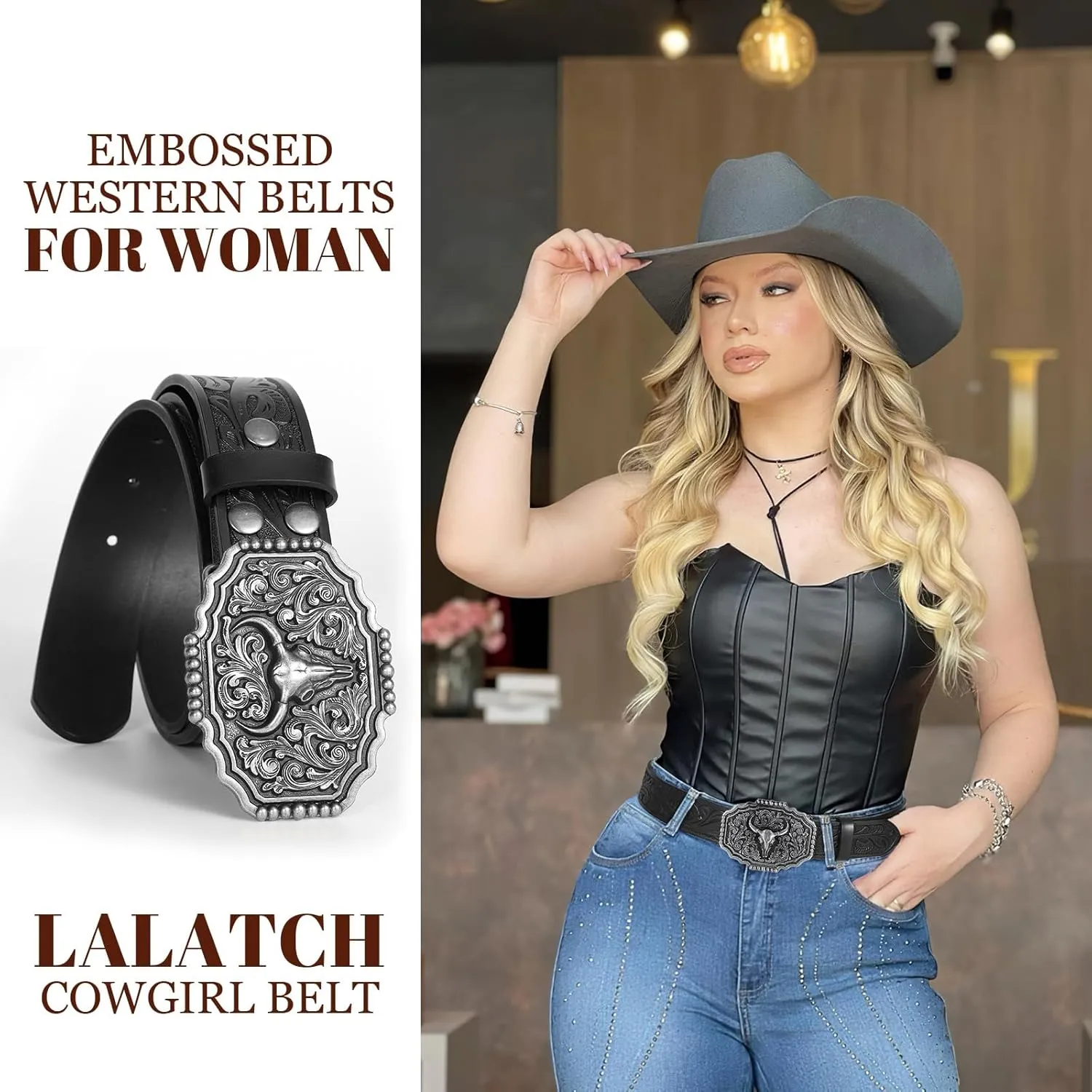 Western Belts for Woman Men, Cowboy Cowgirl Belt Embossed Western Country Bull Buckle Leather Belts for Jeans