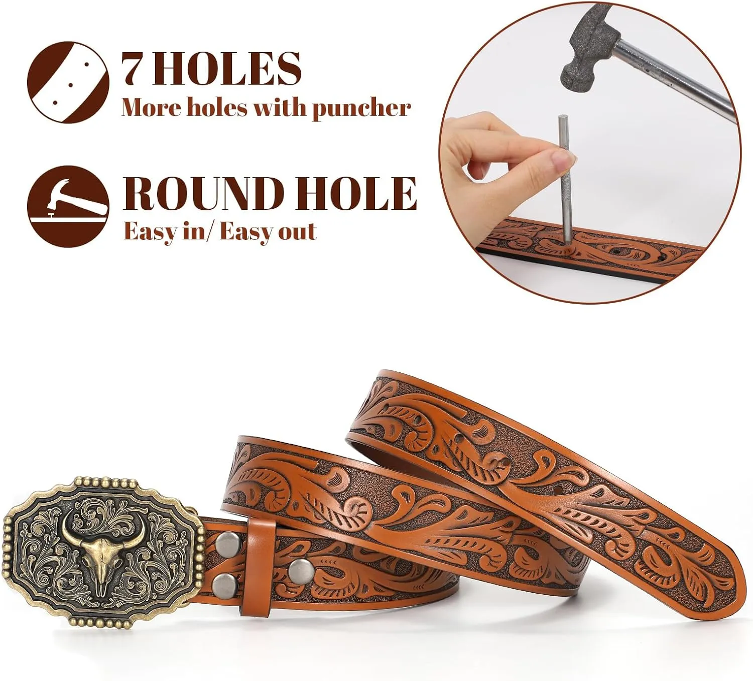 Western Belts for Woman Men, Cowboy Cowgirl Belt Embossed Western Country Bull Buckle Leather Belts for Jeans