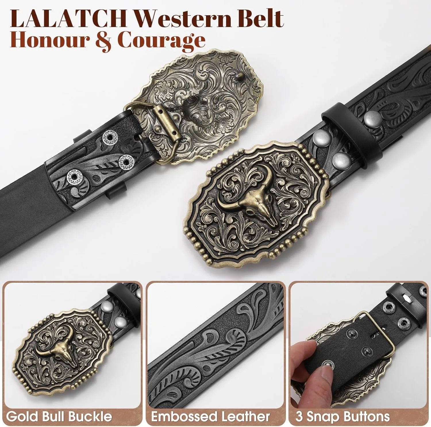 Western Belts for Woman Men, Cowboy Cowgirl Belt Embossed Western Country Bull Buckle Leather Belts for Jeans